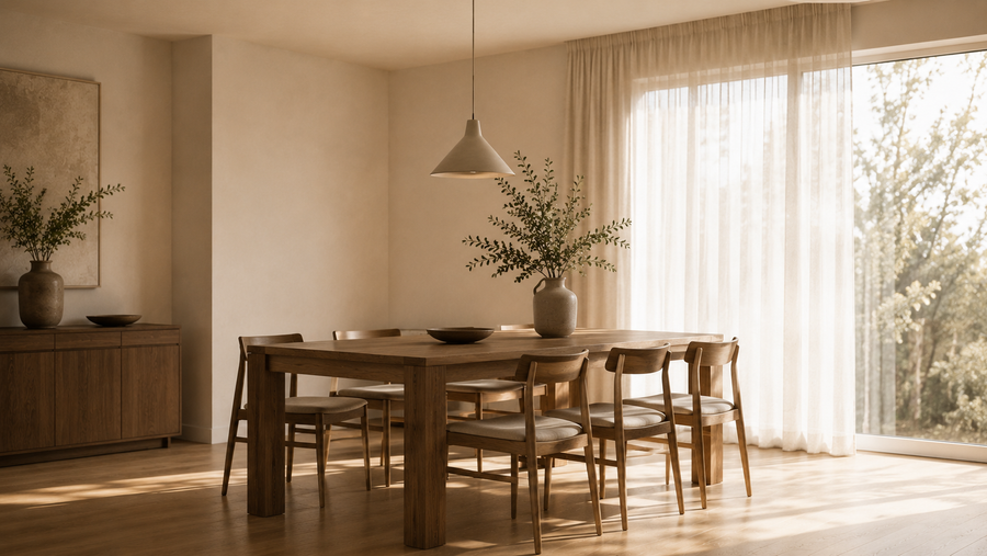 Solid wood dining table set for six in a warm neutral dining room